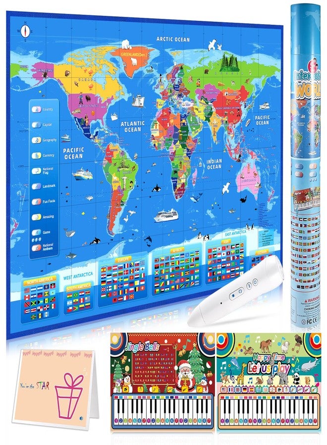 GOLDGE Interactive World Map for Kids Ages 5-12 with Talking Pen | Educational Geography Toy with Piano Music Card & Recordable Greeting Card | Gift for Christmas & Birthdays - Image 1